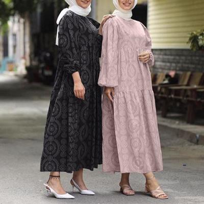 China Elegant style dress summer and autumn muslim fashion knitted cotton pleated skirt pleated horn sleeve long cardigan muslim dress for sale