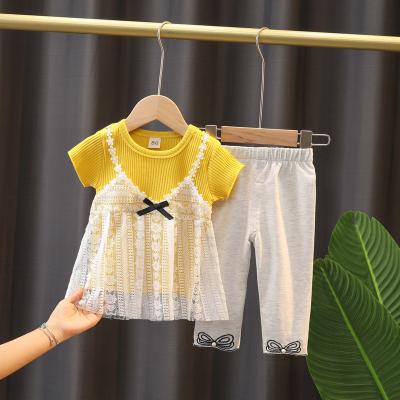 China Girls Shirts Style Cute Baby Customize Kids Short Sleeve Girl Dress Pants Cute Embroidered Cute Bowknot Solid Color Hot Selling Pants Suit for sale