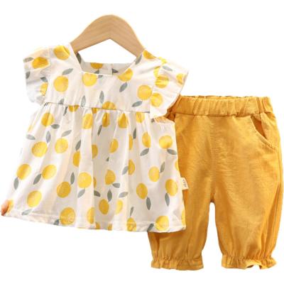 China Hot-selling Copy Girls Shirts Cute Style Summer Fruit New Customize Ruffle Sleeve T-shirt Solid Color Pants Children's Clothing Short Sleeve Suits for sale