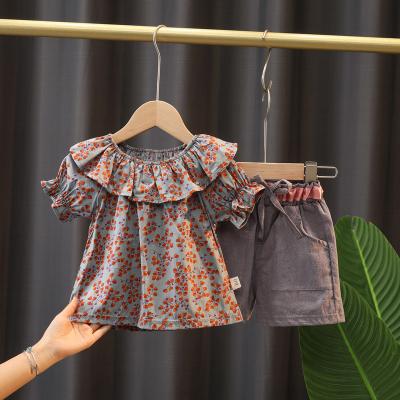 China Korean Cute Baby Female Slim Floral Collar Version Suit Autumn Girls Shirts Style Short Sleeve Shorts Two Sets for sale