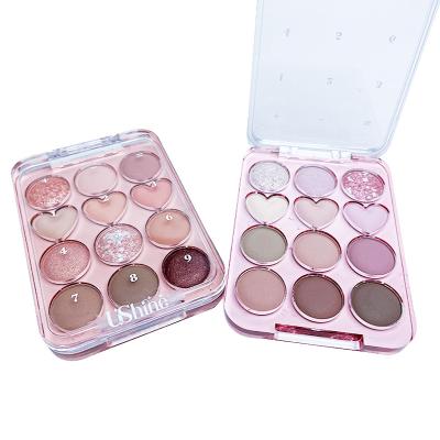 China Heart Shaped 12 Color Waterproof Eye Shadow Plate Pearlescent Fine Shiny Pieces Makeup Beauty Personal Care Product UE015 for sale