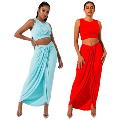 China Simple QUICK DRY Women's Solid Color Two Piece Set Pleated Sleeveless Vest Skirt Set for sale