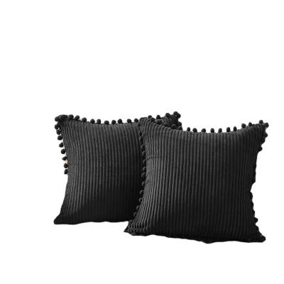 China Decorative Anti-Static Black Tile Lumbar Covers With Pom-poms Soft Corduroy Solid Cushion Cases Set For Sofa Bedroom for sale