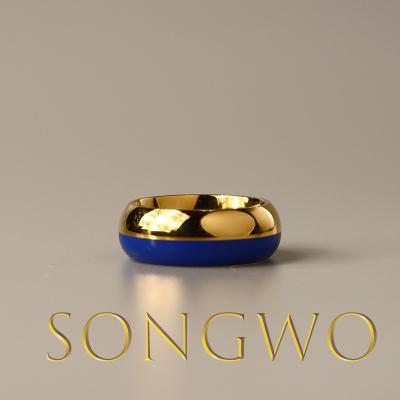 China Vintage Stainless Steel 18k Gold Plated Bold Blue Enamel Ring for sale