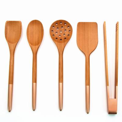 China 5 Pcs Sustainable High Quality Wholesale Heat Resistant Bamboo Kitchen Utensil Set With Paint Handle for sale