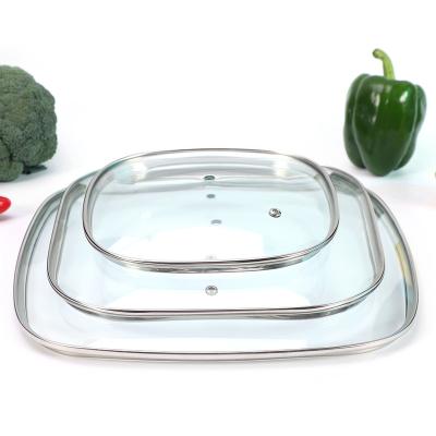 China Viable Wholesale E Type Square Flat Tempered Glass Lids With Stainless Steel Rim For Cookware Parts Glass Cover for sale