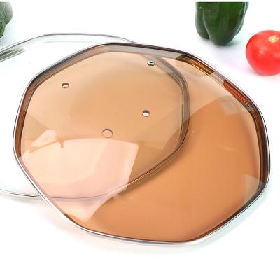 China Viable 28cm Type G Shape Octagonal Pan Cover Clear And Colored Glass Jar Cover Lid With Stainless Steel Ring for sale