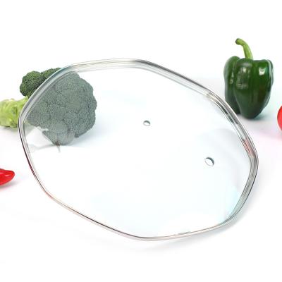 China 28cm Viable Polygon G Type Pan Cover Tempered Glass Pot Lid With Stainless Steel Rim for sale