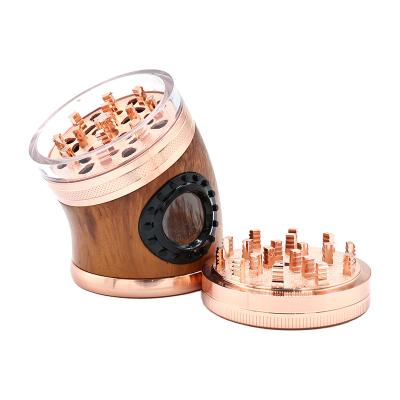 China New Grinding Designs Wholesale Smoking Grinder 60mm 4 Zinc Alloy Layers Wooden Glass Hole Neck Plain Twisted Tobacco Herb Grinder for sale