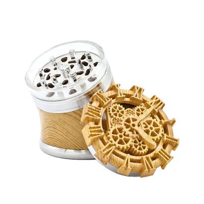 China HY Metal Zinc Alloy Wholesale Grinder 60mm 4 Layers Transparent Wood Twisted Neck Speed ​​Resin Window Top Tobacco Herb Grinder for sale