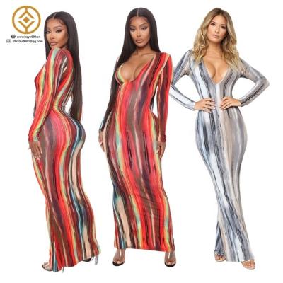 China M8043 Anti-wrinkle elegant party wear plus size tie red gray dye printing casual long sleeve women's maxi dress 2022 for sale