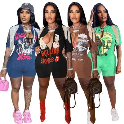 China 2022 new European and American fashion women's spring hip-hop street slit tassel sleeve printed short rompers QUICK DRY for sale