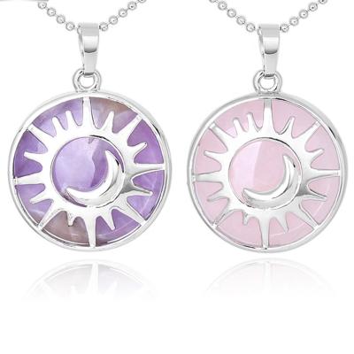 China Europe Natural Semi-precious Stone Round Crystal Pendant, Sun Moon Logo Healing Crystal Stone Necklace for sale