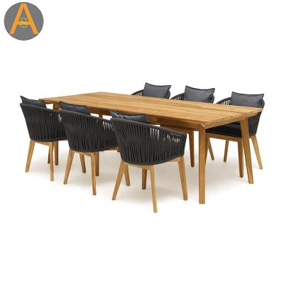 China Outdoor Weather Furniture Luxury Teak Garden Set Wooden Rope Strap Table and Chair Outdoor Aluminum Garden Dining Set for sale