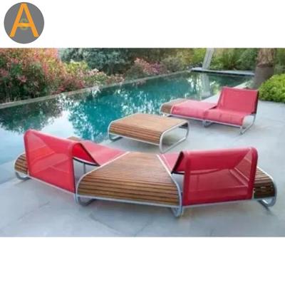 China Modern Outdoor Sofa Furniture Modern Teak Wood Slats Outdoor Stainless Steel Sofa For Pool Side for sale