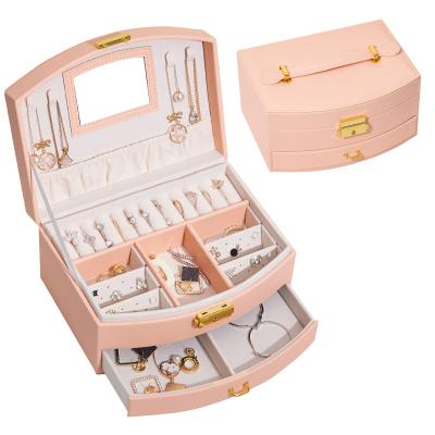 China Safety Jewelry Box Travel Double-Layer Jewelry Storage Box Large-Capacity Drawer Ornament Leather Storage Box for sale