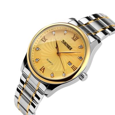 China Skmei 9101 Automatic Fashion Quartz Stainless Steel Chinese Couples Top Date Mark Watch Black Gold for sale