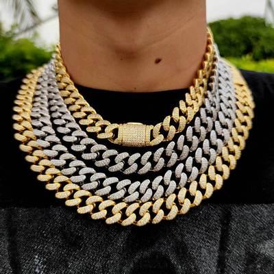 China High Quality Hip-Hop 15mm Clamshell Double Row Cubic Zirconia Non-fading Gold Plating Micro Inlaid Necklace EU USA Real Full Diamond Mens Cuban Chain for sale