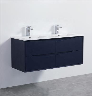 China Navy Blue Modern Wall Mounted Vanity Single Basin Wood Vanity Cabinet With LED Light for sale