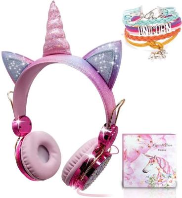 China Viable Shiny Cable Pink Headphones For Kids Innoliance Anime 2 Piece WireUnicorn Multicolor Cute Headphones With Microphone For Girls for sale