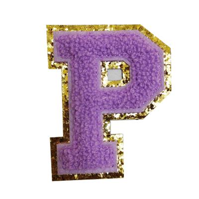 China Custom Made High Viable Gold Felt Embroidery Chenille Letter Patches Letter Applique for Dress or Handbag or Hat for sale