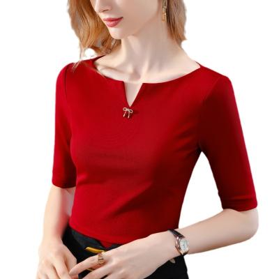 China 2022 Wholesale Summer Anti-wrinkle Women's Clothing Casual Elegant Half Sleeve T-shirt Solid Color Slim Top for sale