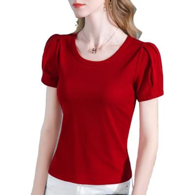 China wholesale Anti-wrinkle 2022 summer fashion solid color short sleeve T-shirt puff sleeve simple casual ladies top for sale