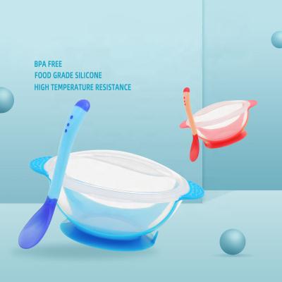 China BPA Free Baby Bowl Spoon Tableware Set With Suction Cup Temperature Induction Spoon Kids Exercising Learning Tableware for sale