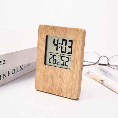 China Home Office Pure Bamboo and Wood Desk Set Pure Bamboo Electronic Clock Digital Temperature and Humidity Clock Led Screen Electronic Alarm Clock for sale