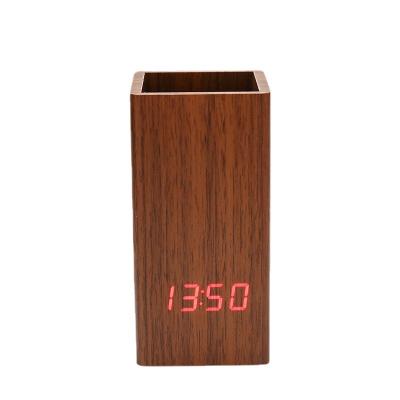 China Amazon Wood Modern Dark Bamboo Pen Holder Clock Digital Display Voice Control Pen Holder Alarm Clock for sale