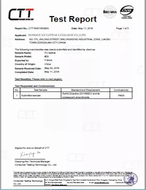 Test Reports - Dongguan Lintai Luggage Co., Ltd.