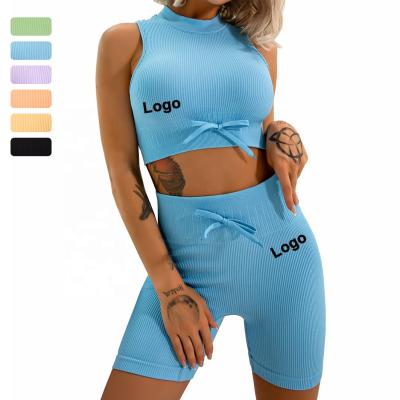 China Antibacterial Women Tops Bra High Waist Shorts Seamless Workout Equipment Fitness Wear 2PCS Crop Drawstring Sports Set for sale