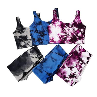 China Antibacterial Women's Activewear Quick Dry Seamless Set Sports Bra Running Gaiters Tie Dye Yoga Set for sale