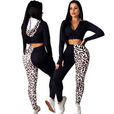 China Antibacterial Yoga Sets Plus Hoodie Cardigan Size Long Sleeve Leopard Print Sports Leggings Workout Top Sets for sale