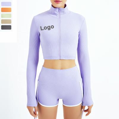 China Sports Antibacterial Zipper Long Sleeves Seamless Crop Top Women Yoga Running Clothes for sale