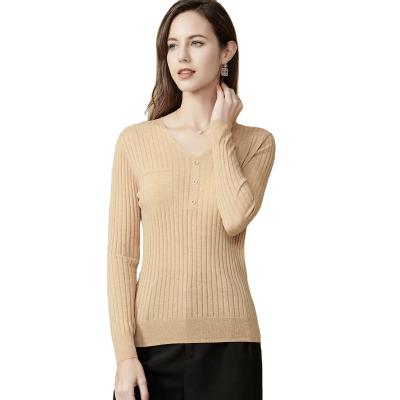 China Anti-wrinkle Women's Sweater Knitted Slim Fit Jumper High Neck Half Buttons Woolen Sweater for sale