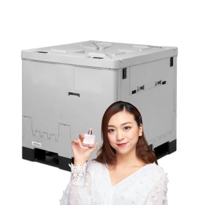 China food & Factory 1000L Beverage Folding Solid Plastic Foldable Box Big Turnover Lockable Cover To Fit Perfume Gray Color 1155*1155*1132 JZ01 for sale