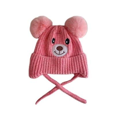 China Fashion\autumn comfortable\goods 2022 new and winter boys and girls woolen hat cartoon bear hearing protection thickened raw plush cute knitted hat for sale