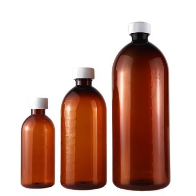 China 200ml500ml1000ml Plastic Medicine Pet Amber Color Cough Syrup Bottle With Child Safety Cap for sale