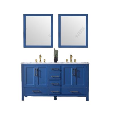 China Modern Elegant Blue Free Standing Double Sink Solid Wood Bathroom Vanity Cabinet 60inch French Style Vanity for sale