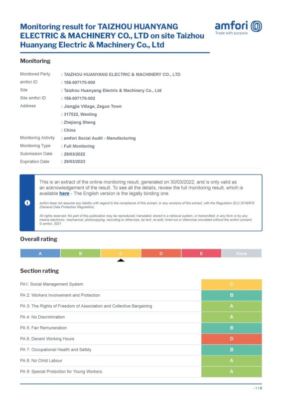 BSCI - Taizhou Huanyang Electric & Machinery Co., Ltd.