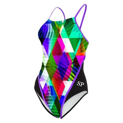 China Breathable Tiny Shoulder Strap Training Daily Swimwear For Young Girl Cut Out One Piece Top Packing Rhombic Swimsuit Prints for sale