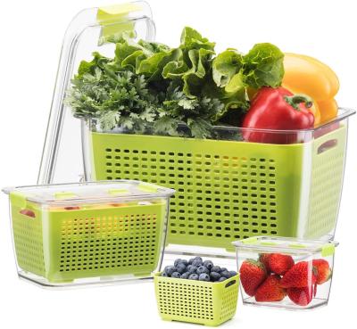 China 3 Pack Fruit Stocked Green Vegetable Storage Containers For Fridge Fridge Organizer With Strainers And Vented Lids for sale