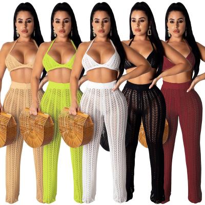 China New Summer Crop Breathable Sheer Knitted Top And Pants Sexy Women Clothing Set Two Piece Set for sale