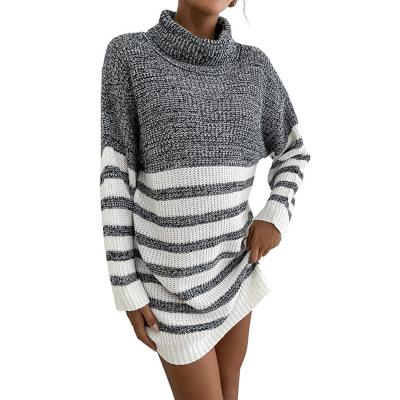 China Anti-wrinkle autumn fashion casual women's pullover sleeve sweater skirt long high neck sweater striped set women dress for girls for sale