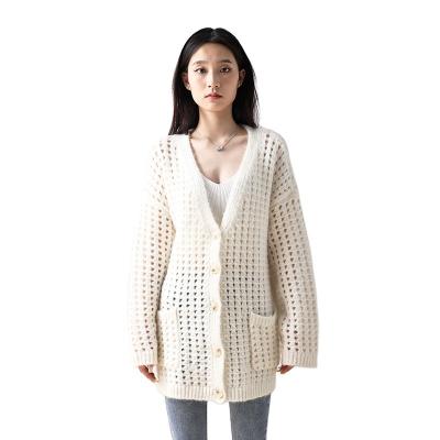 China new custom made sexy mohair wool fashion hollow v-neck cardigan anti-wrinkle fall and winter women's knitwear have bottom wome sweater for sale