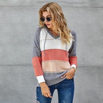 China Autumn/winter fashion knitwear boho crochet hoodie intercolor anime long sleeve striped pullovers anti-shrink hooded sweater for sale