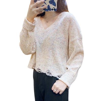 China Anti-Shrink Women's Sweaters 2021 Custom Patches V-Neck Ladies Tassel Sweater Ladies Short Loose Casual Deep Sweater for sale