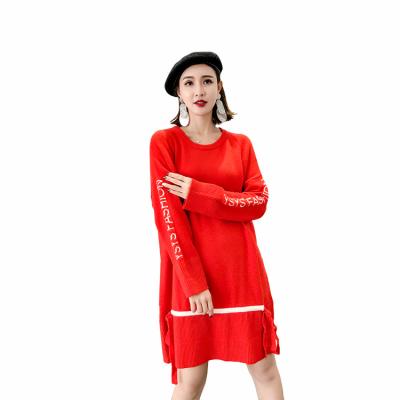 China High Quality Breathable QUICK DRY Plus Size Dress Europe And America Women's O-Neck Dress Long Knitted Dress Fashion Red Sweater Designs For Women for sale