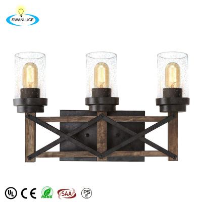 China Industrial Distressed 3 Light Rustic Wood Sconces Vintage Wall Farmhouse Bathroom Vanity Light with Seeded Shade for sale